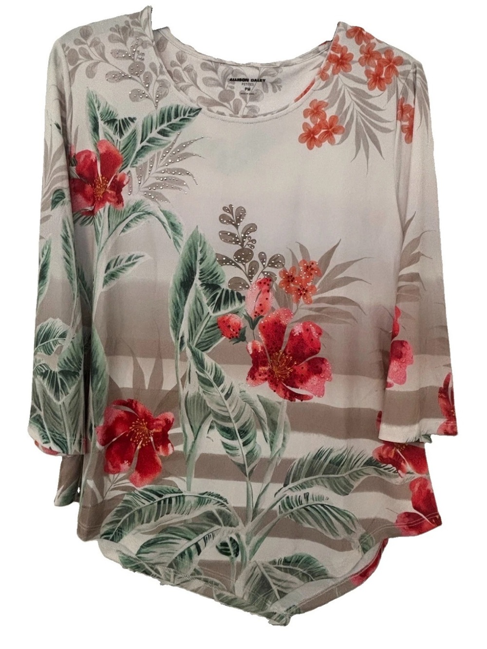 Allison Daley Petites Tropical Floral Print Stud Accent Scoop-Neck Tunic Top